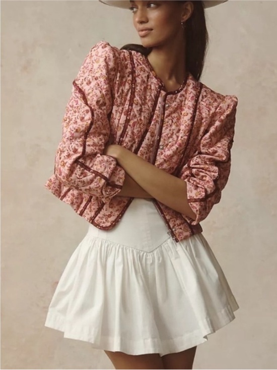 Avec Les Filles Jackets & Blazers - Avec Les Filles Pink Floral Quilted Bomber Jacket with Burgundy Trim